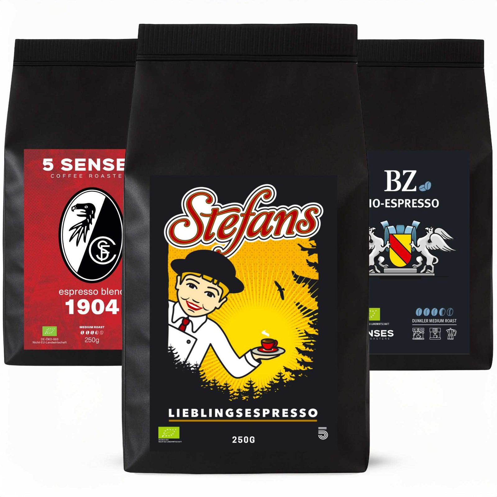 Versand Ganze Bohnen PROBIERPAKET 'FREIBURG' 3ER SET 5 Senses Coffee