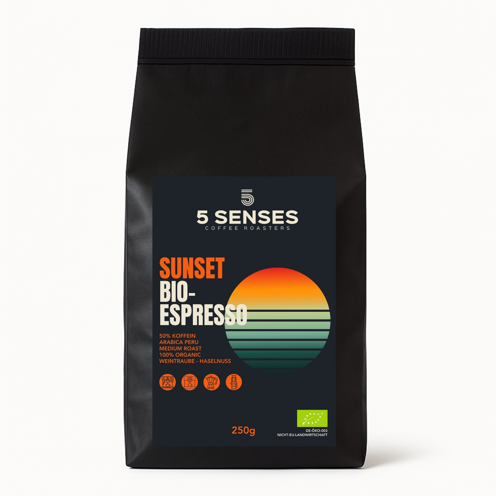 Espresso Bohnen SUNSET HALF CAFF ESPRESSO-BLEND (50% KOFFEIN - KOFFEINREDUZIERT) ROSINE, SUBTIL FLORAL, HASELNUSS, MILCHSCHOKOLADE